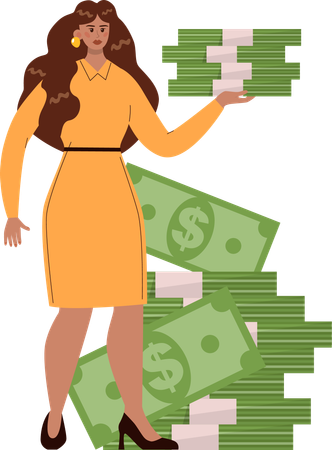 Young lady holding cash bundles  Illustration