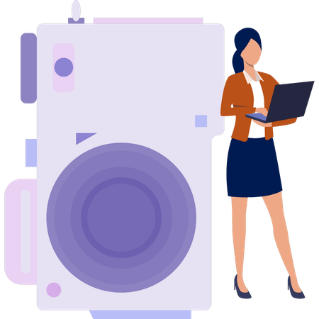 Young lady holding laptop while transfer photo from camera  イラスト