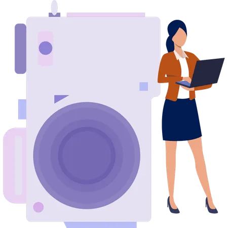 A Girl Is Standing Using A Laptop イラスト