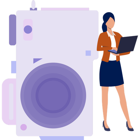 Young lady holding laptop while transfer photo from camera  일러스트레이션