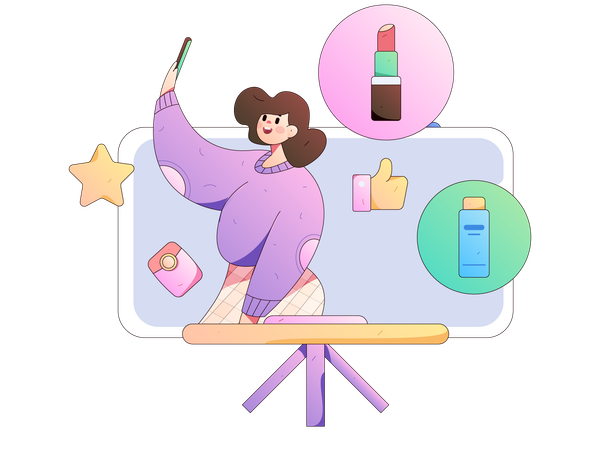 Young lady holding mobile while live on stream  Illustration