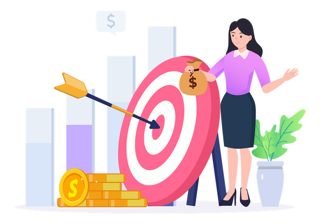 Young Lady Holding Money Bag With Financial Target  Illustration