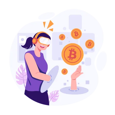 Young lady invest bitcoin on metaverse  Illustration