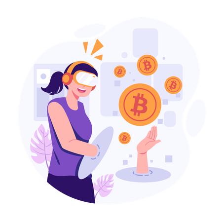 Young lady invest bitcoin on metaverse  Illustration