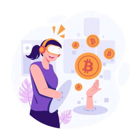 Young lady invest bitcoin on metaverse  Illustration