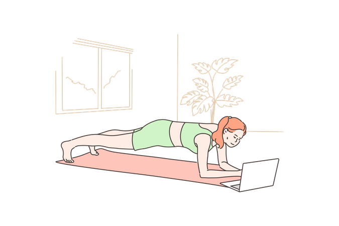 Young lady is doing exercise from online videos  イラスト