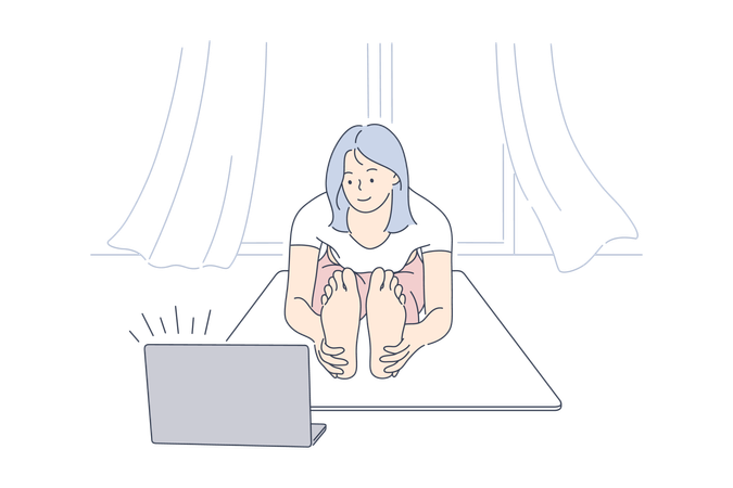 Young lady is doing exercise from online videos  イラスト