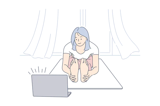 Young Lady Is Doing Exercise From Online Videos イラスト