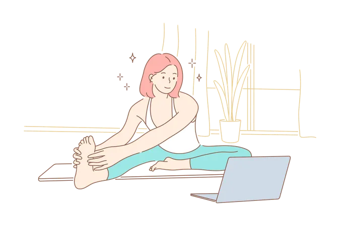 Young Lady Is Doing Exercise From Online Videos イラスト