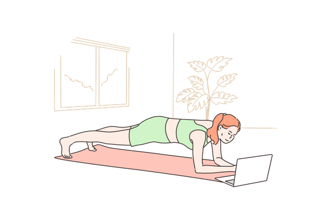 Young lady is doing exercise from online videos  Illustration