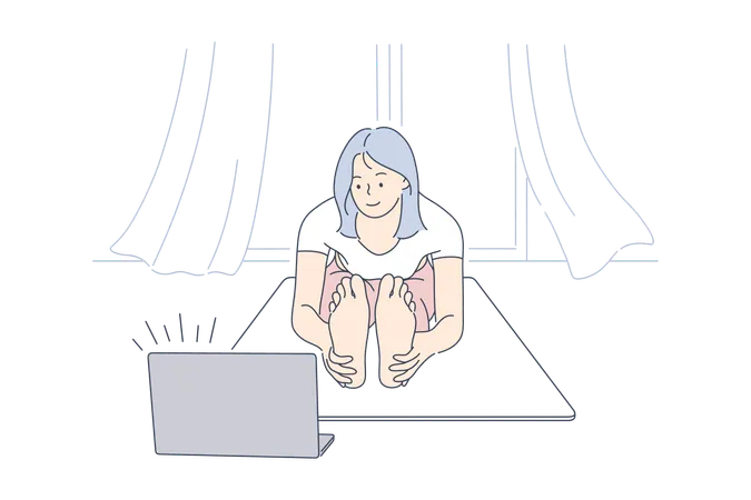 Young lady is doing exercise from online videos  Illustration