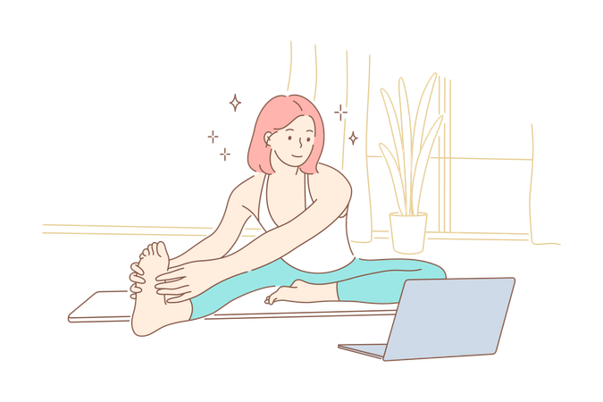 Young lady is doing exercise from online videos  Illustration