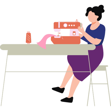 Young lady is sewing cloth on the sewing machine  Illustration
