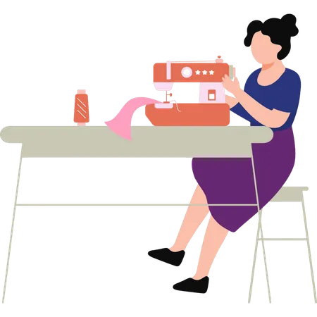 A Female Is Sewing Cloth On The Sewing Machine Illustration