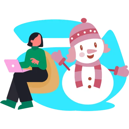 Young lady making snowman in winter  Illustration
