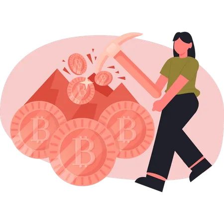 Young lady mining bitcoin  Illustration