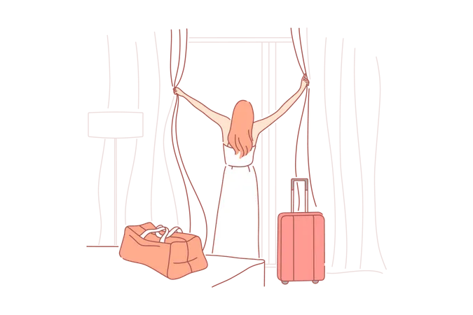 Young lady opening curtain in room  Illustration