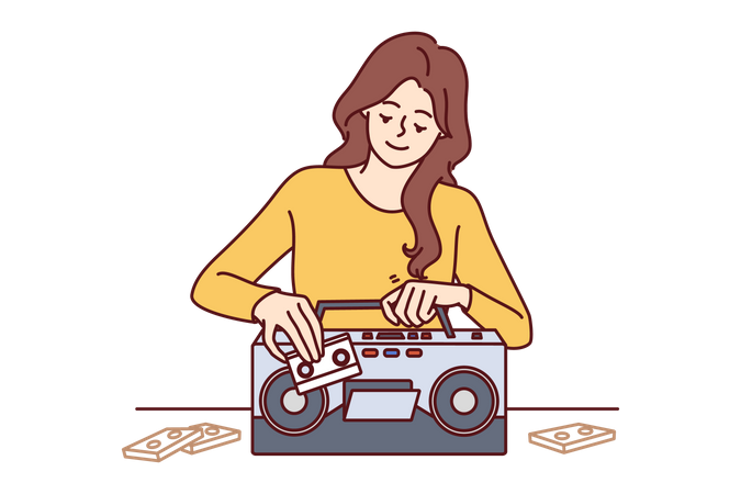 Young lady playing audio cassette  일러스트레이션
