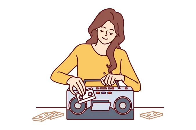 Young lady playing audio cassette  Illustration