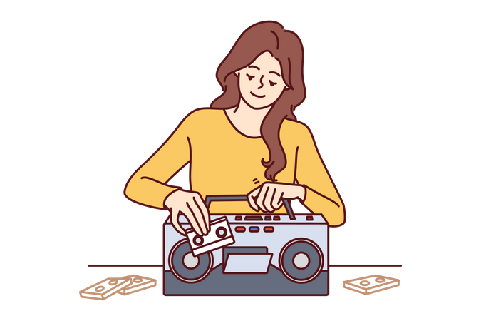 Young lady playing audio cassette  Illustration