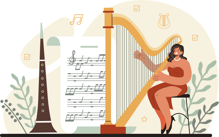 Young lady playing harp  Illustration