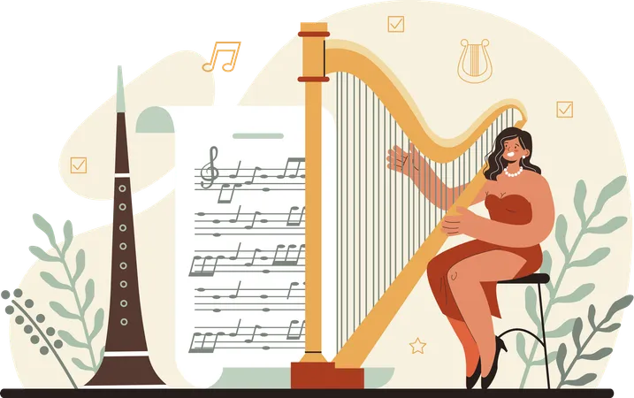 Young lady playing harp  Illustration
