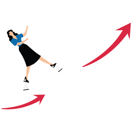 Young lady pole vaulting from down arrow to up arrow of growth  Illustration