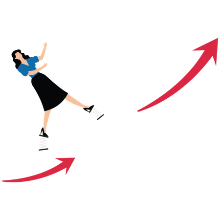 Young lady pole vaulting from down arrow to up arrow of growth  Illustration