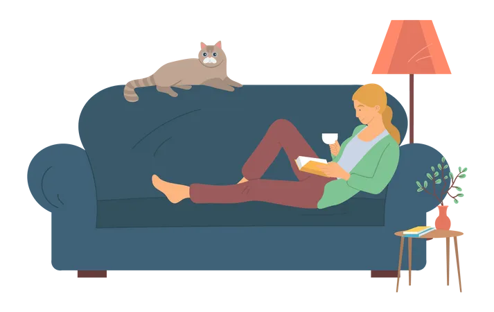 Young lady reading book and drinking tea on sofa  Illustration