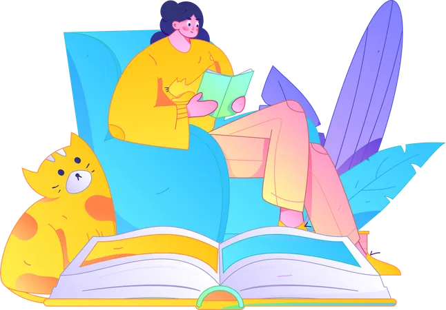 Young lady reading book at home  Illustration