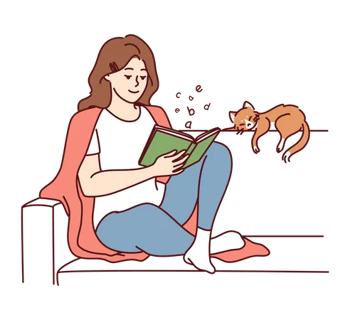 Young lady reading english book  Illustration