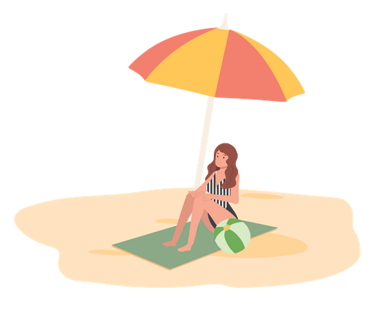 Young Lady Relaxing On The Beach Sit On Mat Under An Umbrella  Illustration