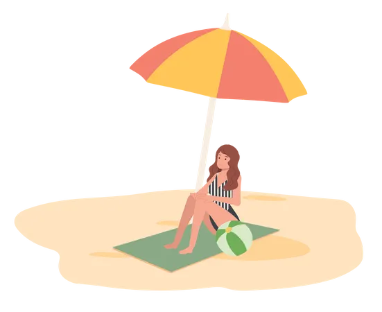 Young Lady Relaxing On The Beach Sit On Mat Under An Umbrella  Illustration