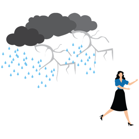 Young lady run away from thunder storm raining  Illustration