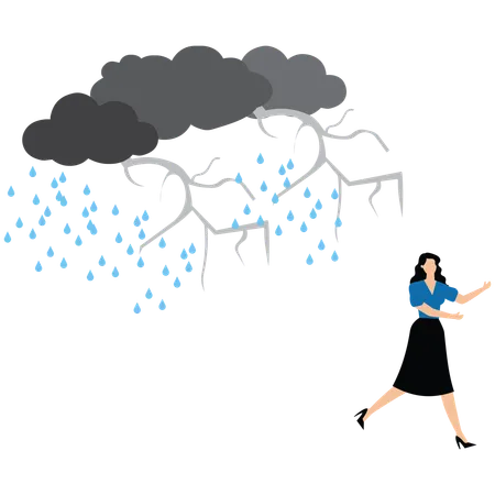 Young lady run away from thunder storm raining  Illustration