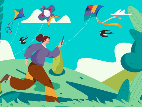 Young lady running with mobile on kite flying festival  Illustration