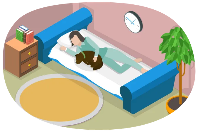 3 D Isometric Flat Vector Conceptual Illustration Of Bedding With Dog Lady Resting With Her Pet Illustration