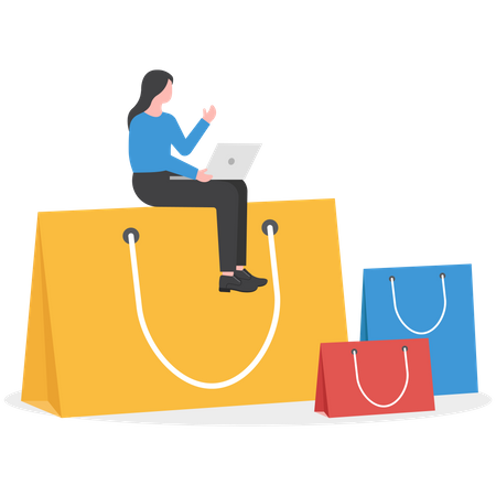 Young lady sitting on shopping bag and doing online mobile shopping  Illustration