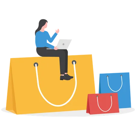 Young Lady Sitting On Shopping Bag And Doing Online Mobile Shopping Secure Online Shopping Concept Illustration
