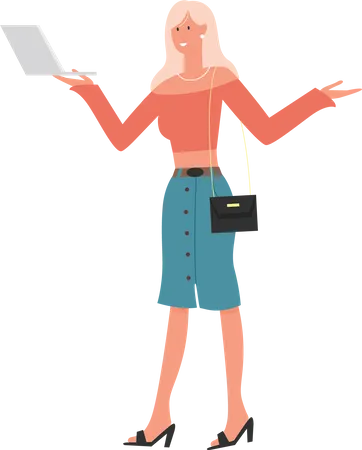 Young lady standing and holding laptop  Illustration