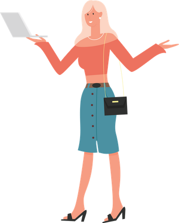 Young lady standing and holding laptop  Illustration