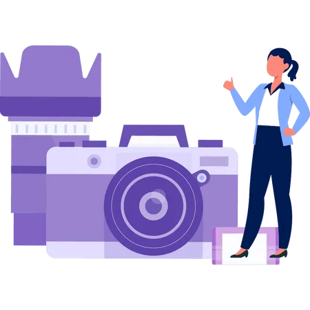 Young lady standing next to  digital camera  Illustration