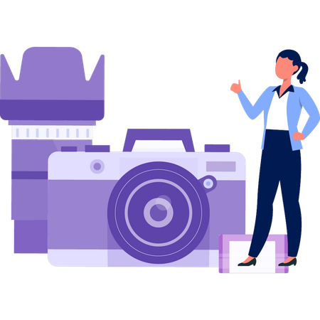 Young lady standing next to  digital camera  Illustration