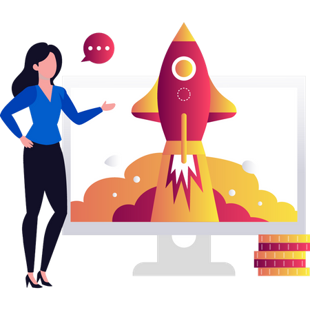 Young lady standing next to startup monitor  Illustration