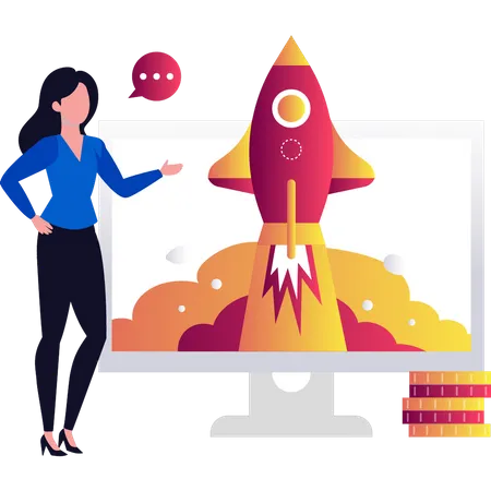 Young lady standing next to startup monitor  Illustration