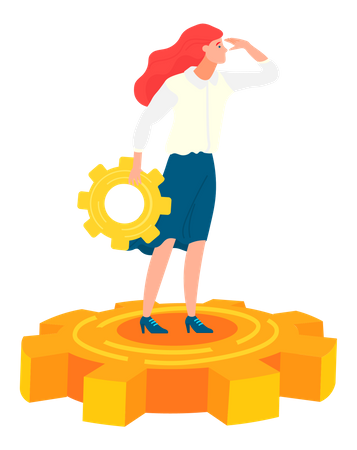 Young lady standing on gear  Illustration