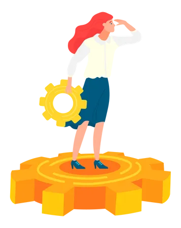 Young lady standing on gear  Illustration