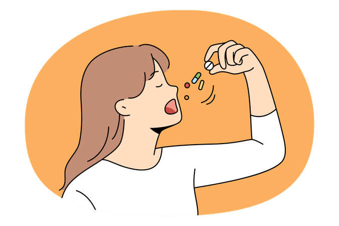 Young lady taking some vitamins pills for feeling healthy and positive  Illustration