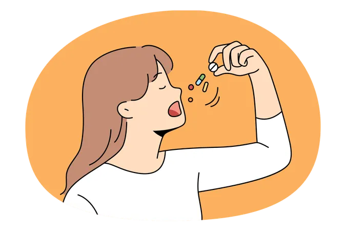 Young lady taking some vitamins pills for feeling healthy and positive  Illustration