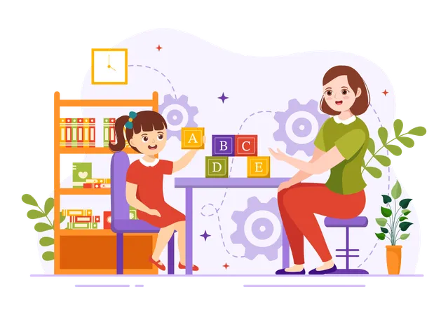 Young lady taking speech therapy with little girl  Illustration